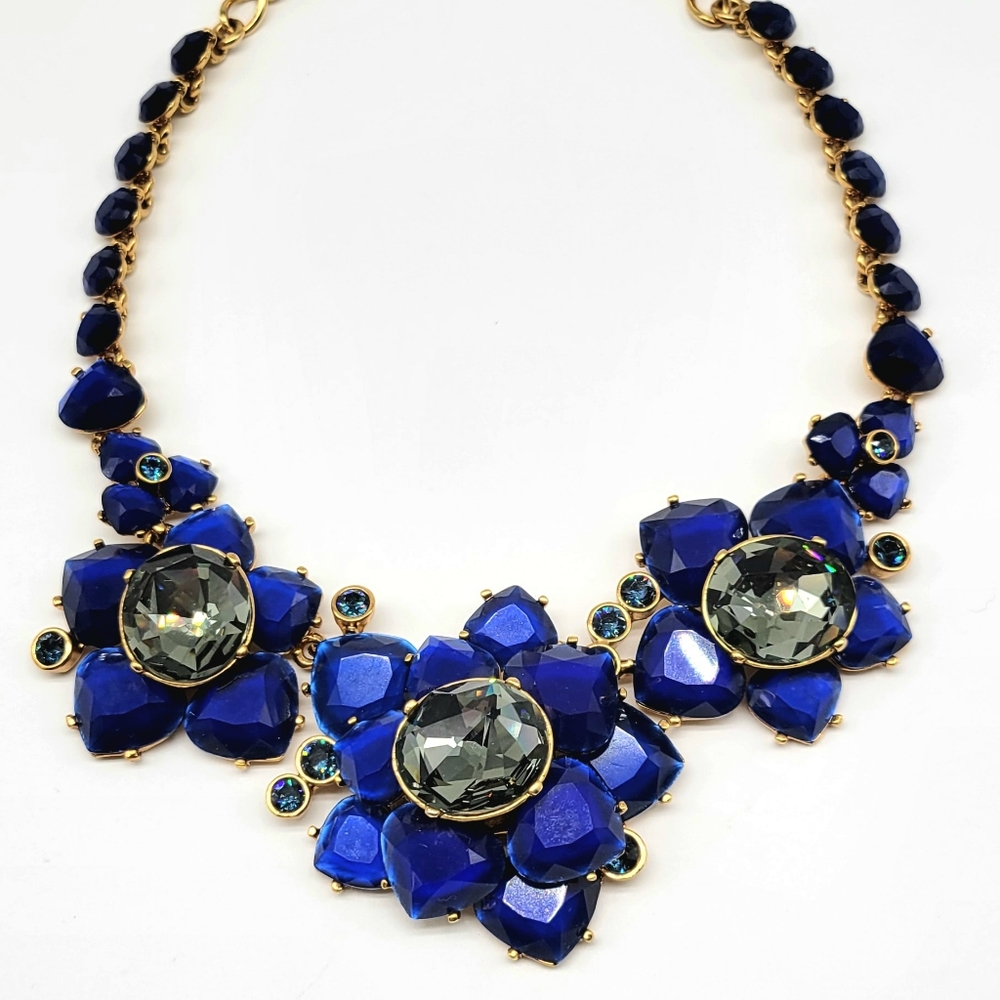 Oscar de la Renta Cobalt Blue Swarovski Crystal Flower Statement Necklace